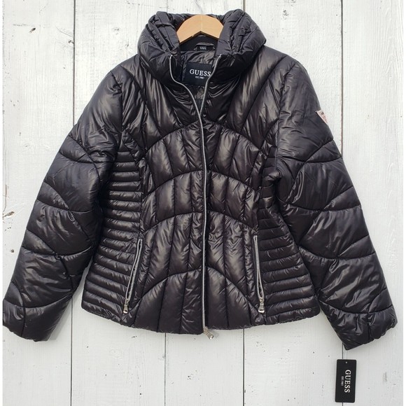 GUESS Shiny Womens Size XL BLACK Quilted Full Zip Pockets Puffer Jacket NEW - Picture 2 of 13